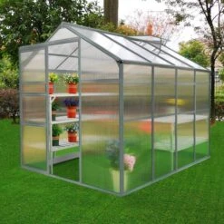 8ft Greenhouse Greenhouse Polycarbonate Walk-in Aluminium Metal Silver Base Option Sliding